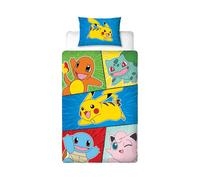 Set copripiumino singolo con licenza ufficiale Pokemon, design retrò, double-face, con personaggi Pikachu su 2 lati, con federa coordinata, perfetto per la camera dei bambini, in policotone