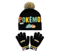 Pokémon Set cappello e guanti per bambini - Berretto con pompon e guanti elasticizzati, set di accessori invernali in maglia nera, 100% acrilico, taglia unica