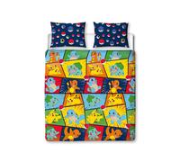 Set copripiumino matrimoniale ufficiale Pokemon, design retrò, reversibile, blu, con Pikachu, Squirtle, Charmander, prodotto ufficiale, con federe coordinate