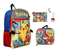 Pokemon - Set di 5 pezzi con zaino e portachiavi con ciondolo, per bambini, scuola, viaggio