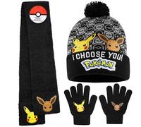 Pokémon Set Invernale Bambino 2 Pz con Cappello e Guanti o 3 con Cappello Guanti Invernali e Sciarpa, Pikachu Regalo Bambini (4-12 Anni, Nero, 3 Pcs)