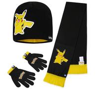 Pokémon Set Invernale Bambino 2 Pz con Cappello e Guanti o 3 con Cappello Guanti Invernali e Sciarpa, Pikachu Regalo Bambini (4-12 Anni, Nero/Giallo, 3 Pcs)