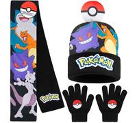 Pokémon Set Invernale Bambino 2 Pz con Cappello e Guanti o 3 con Cappello Guanti Invernali e Sciarpa, Pikachu Regalo Bambini (4-12 Anni, Multi, 3 Pcs)