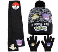 Pokémon Set Invernale Bambino 2 Pz con Cappello e Guanti o 3 con Cappello Guanti Invernali e Sciarpa, Pikachu Regalo Bambini (4-12 Anni, Nero/Multi, 3 Pcs)