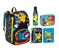 Pokemon Set Scuola, Zaino Estensibile con Doppio Scomparto, Astuccio, Diario, Borraccia 500ml, Portamerenda, Nero