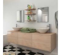 pokgdf Set di mobili da bagno da 10 pezzi con 2 lavandini e 2 rubinetti | Mobile sottolavabo sospeso, 2 specchi, 3 ripiani, in legno, lavabo in ceramica, miscelatori cromati