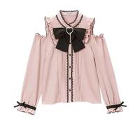 Pokn Lolita Fashion Jiraiya Kei Moda per le Donne Cutecore Spalla Camicia Delle Donne Lolita Pizzo Mesh Sheer Manica Lunga Camicetta, Nero-rosa, M