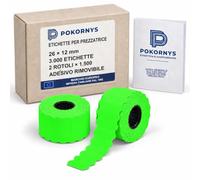 Pokornys - Etichette per prezzatrice 26 x 12 mm, 3000 pezzi, 2 rotoli da 1.500, verde fluorescente, adesivo rimovibile, 1 riga, per METO Classic S, Blitz C6/C8/C10 e SATO Kendo 26