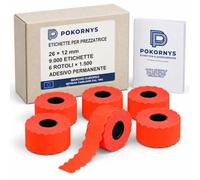 Pokornys - Etichette per prezzatrice 26 x 12 mm, 9000 pezzi, 6 rotoli da 1.500, rosso fluorescente, adesivo permanente, 1 riga, per METO Classic S, Blitz C6/C8/C10 e SATO Kendo 26