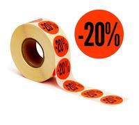 POKORNYS - Etichette promozionali sconto “-20%” I Targhette per merce scontata I Set di 2.000 adesivi autoadesivi per sconti in rosso vivace I Autoadesivi permanenti, rotondi con Ø 32 mm