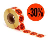 POKORNYS - Etichette promozionali sconto “-30%” I Targhette per merce scontata I Set di 1.000 adesivi autoadesivi per sconti in rosso vivace I Autoadesivi permanenti, rotondi con Ø 32 mm