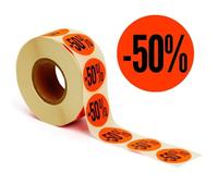 POKORNYS - Etichette promozionali sconto “-50%” I Targhette per merce scontata I Set di 2.000 adesivi autoadesivi per sconti in rosso vivace I Autoadesivi permanenti, rotondi con Ø 32 mm