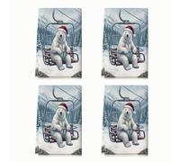 Polar Bear - Asciugamani da cucina natalizi, 40 x 61 cm, 4 pezzi | Scena di risalita sci, asciugamani, sfondo montagna innevata, accessorio cappello di Babbo Natale, arte invernale fantasiosa