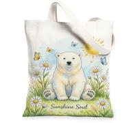 Polar Bear - Borsa tote da donna, in tela, con farfalle e margherite, estiva bianca, lavabile, riutilizzabile, piccola borsa tote per shopping, brunch park, biblioteca, gite di un giorno, 33 x 38 cm