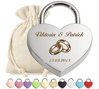 polar-effekt Lucchetto dell'amore a forma di cuore, in argento, con incisione personalizzata e chiave, motivo anelli, lucchetto, sacchetto regalo in tessuto, anniversario, coppia, coppia