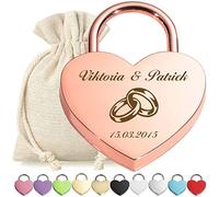 polar-effekt Lucchetto dell'amore a forma di cuore, oro rosa, con incisione personalizzata e chiave, motivo anelli, lucchetto, sacchetto regalo in tessuto, anniversario, coppia, coppia