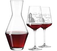polar-effekt Set di 3 bicchieri da vino rosso e caraffa da vino personalizzati con incisione, regalo per matrimonio, bicchiere da vino per coppie di nozze, motivo coppia di sposi