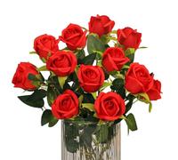 Polartreehome Confezione da 12 rose artificiali rosse, bouquet di rose artificiali a stelo lungo, fiori decorativi realistici per matrimoni, feste, ufficio, decorazione per la casa