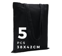 POLHIM® Borse in tessuto non stampate 38x42 cm 145g/m2. Borsa in cotone versatile e duratura come borsa a mano e borsa per il trasporto, 5 pezzi (Nero)