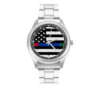 Police and Firefighter - Orologio da polso al quarzo con bandiera degli Stati Uniti, in acciaio inox, con numeri arabi, unisex, Stile:, regular, MHXYZHW