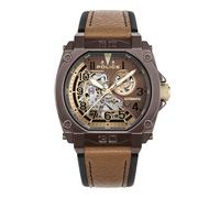 Police Norwood - Orologio automatico da uomo, con quadrante marrone e nero, in vera pelle, cinturino marrone, marrone, Cinturino