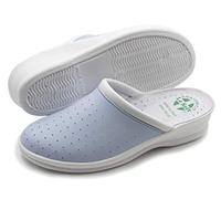 Poligono Ciabatte Sanitarie Anatomiche Uomo e Donna, Scarpe Pantofole Ortopediche Confortevoli con Tomaia in Vera Pelle Traforata, MADE IN ITALY, Celeste (Donna) 38