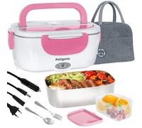 Poligono Scaldavivande Elettrico Portatile con Borsa Termica, Lunch Box 1.5L Portavivande Termico Elettronico Portatile in Acciaio Inox, Porta Pranzo da Ufficio e Auto(55W 220V), Rosa