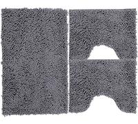 Poligono Set Tappeti Bagno 3 Pezzi in Microfibra, Tappeto Pelo Lungo 50x80 cm, 2 Tappetini Per WC e Water Forma Rettangolare 40X50 cm, Morbido, Antiscivolo, Grigio scuro