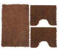 Poligono Set Tappeti Bagno 3 Pezzi in Microfibra, Tappeto Pelo Lungo 50x80 cm, 2 Tappetini per WC e Water Forma Rettangolare 40X50 cm, Morbido, Antiscivolo, Marrone