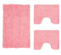 Poligono Set Tappeti Bagno 3 Pezzi in Microfibra, Tappeto Pelo Lungo 50x80 cm, 2 Tappetini per WC e Water Forma Rettangolare 40X50 cm, Morbido, Antiscivolo, Rosa