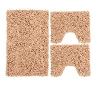 Poligono Set Tappeti Bagno 3 Pezzi in Microfibra, Tappeto Pelo Lungo 50x80 cm, 2 Tappetini per WC e Water Forma Rettangolare 40X50 cm, Morbido, Antiscivolo, Khaki
