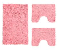 Set Tappeti Bagno 3 Pezzi in Microfibra, Tappeto Pelo Lungo 50x80 cm, 2 Tappetini per WC e Water Forma Rettangolare 40X50 cm, Morbido, Antiscivolo, Rosa