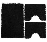 Poligono Set Tappeti Bagno 3 Pezzi in Microfibra, Tappeto Pelo Lungo 50x80 cm, 2 Tappetini Per WC e Water Forma Rettangolare 40X50 cm, Morbido, Antiscivolo, Nero