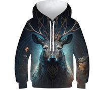 POLIUAWS Maglione con cappuccio a forma di gufo astronauta per bambini, stampa 3D, felpa a maniche lunghe, per ragazzi e ragazze, abbigliamento a maniche lunghe, Cervo fantasy, 9-11 Jahre