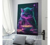POLIUAWS Stampa artistica da parete per il bagno, motivo: gatto che mangia ramen, per camera dei ragazzi, 60 x 90 cm