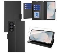 Pollachi Fondina Cover per Samsung Galaxy S25 FE Custodia Protettiva in Pelle per 9 Cartes con 1 Vetro Temperato Similpelle Cover Pieghevole con Portafoglio Porta Carte [9 Scomparti]-Nero