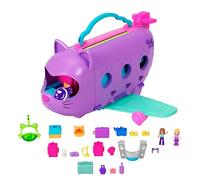 Polly pocket - aereo gattino, playset da viaggio con 2 micro bambole, palco rotante e cucciolo di gatto, 19 accessori inclusi