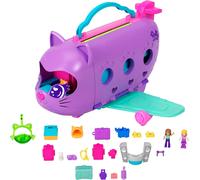 Polly pocket - aereo gattino, playset da viaggio con 2 micro bambole, palco rotante e cucciolo di gatto, 19 accessori inclusi