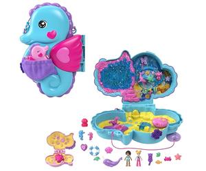 Polly Pocket Borsetta Cavallucci Marini | Set da gioco indossabile, 2 micro bambole, 13 accessori tra cui animali marini, tema oceano