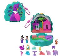 Polly Pocket - Cofanetto Giardino dei Pavoni, playset da viaggio con 2 micro bambole, 12 accessori a tema oasi per animali e cuccioli inclusi, giocattolo per bambini, 4+ anni, HWN97