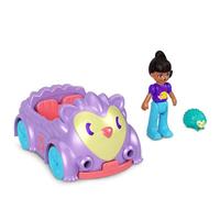 Polly Pocket Mini veicolo in metallo da collezione, bambola e animale domestico posseable - Bambola Crissy con auto convertibile viola riccio e set compagno di riccio verde acqua