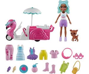 Polly Pocket Set da gioco per bambola e veicolo giocattolo, carrello da merenda con bambola da 7,6 cm, animale domestico e 17 accessori, inclusi cibo e abbigliamento