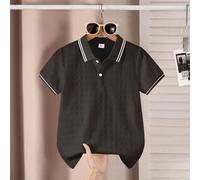 Polo a maniche corte marrone caffè con texture per ragazzi, colletto e polsini a righe a contrasto, top stile preppy, adatto per il ritorno a scuola, uso quotidiano e feste 6Y,7Y,8Y,9Y,10Y,4Y,5Y,11Y,1