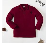 Polo a maniche lunghe bordeaux per ragazzi, con ricamo a cavaliere e colletto a righe, stile preppy, adatta per il ritorno a scuola, uso quotidiano, autunno/inverno 6Y,7Y,8Y,9Y,10Y,4Y,5Y,11Y,12YDinosa