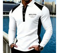 Polo a maniche lunghe con texture a nido d'ape, aggiornata per l'autunno e il Natale, uomo. Polo con stampa a blocchi di colore con lettera Milano, polo con colletto con bottoni in metallo, struttura
