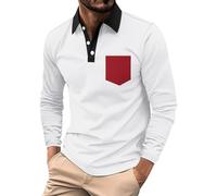 Polo a maniche lunghe da uomo con colletto abbottonato con tasca a blocchi di colore 3 bottoni magliette camicette top, Bianco Manica Lunga Polo Per Uomo, L