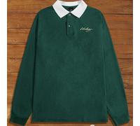 Polo a maniche lunghe da uomo con stampa di lettere e contrasto di colore, verde scuro, autunnale, casual, per vacanze, stile universitario per il ritorno a scuola, regalo per la festa del papà, footb