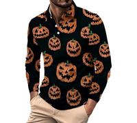 Polo a maniche lunghe da uomo tinta unita T-shirt da uomo stampata a maniche lunghe scollo a V Halloween casual confortevole camicia stampata per lavoro, lavoro, vacanze, passeggiate all'aperto, Blu