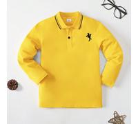 Polo a maniche lunghe gialla per ragazzi, ricamo a cavaliere, colletto a righe, stile preppy, adatta per il ritorno a scuola, uso quotidiano, autunno/inverno 6Y,7Y,8Y,9Y,10Y,4Y,5Y,11Y,12YDinosauroTess