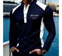Polo a maniche lunghe in maglia a nido d'ape da uomo per l'autunno e il Natale, polo con stampa a blocchi di colore della lettera Milano, polo con colletto con bottoni in metallo, struttura testurizza